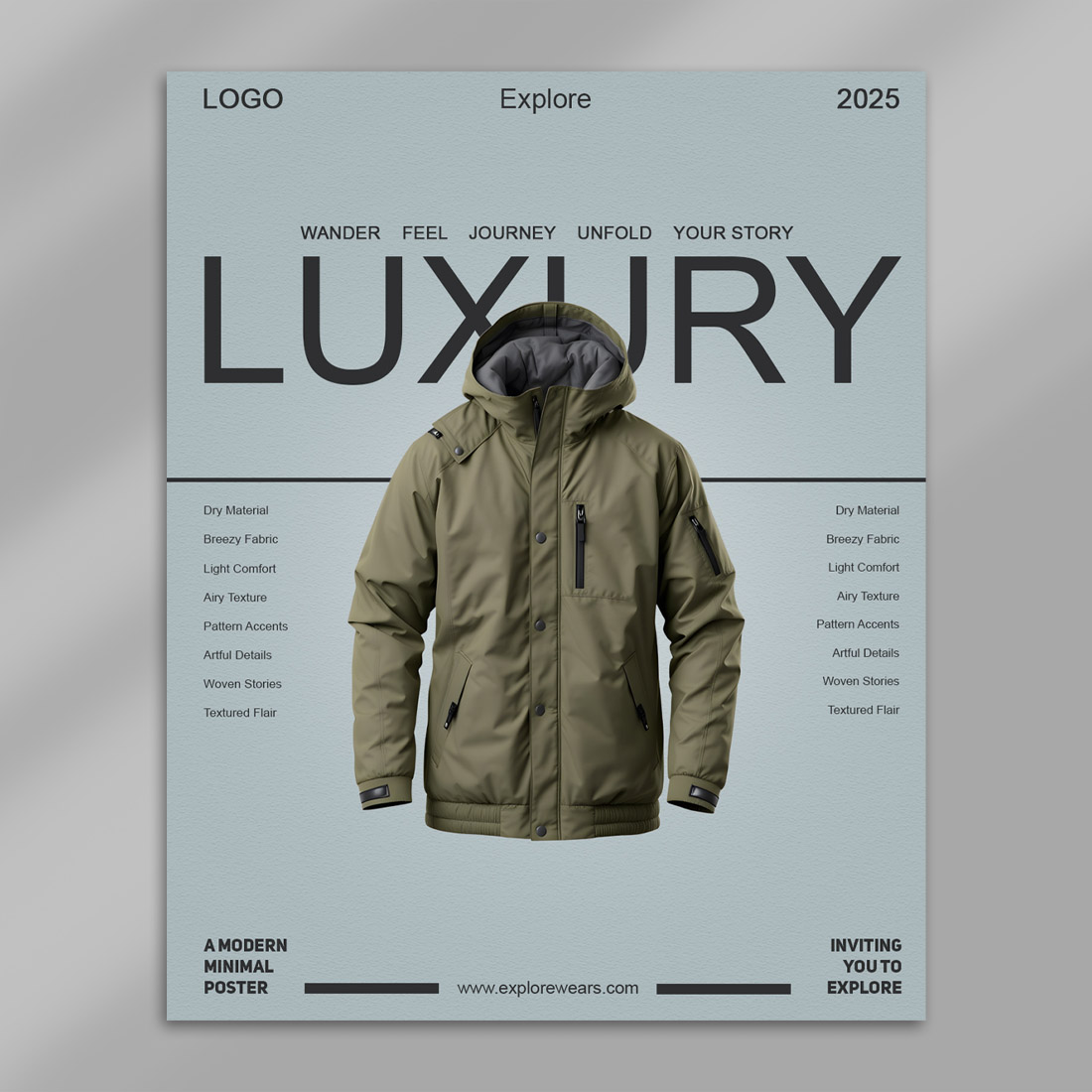 Luxury Jacket Promotional Poster Template – Modern Minimalist PSD Design preview image.