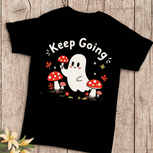 Cute Ghost Holding Mushroom T-Shirt Design cover image.