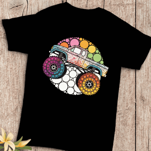 Rainbow Dotted Monster Truck T-Shirt Design cover image.