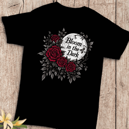 Dark Floral Wreath with Moon and Bloom in the Dark Quote T-Shirt Design cover image.
