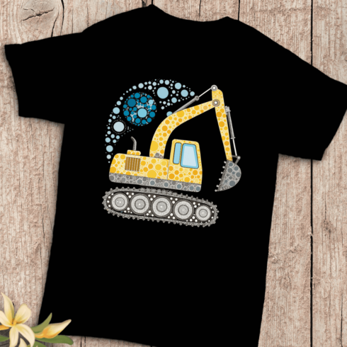 Blue Yellow Dots Excavator T-Shirt Design cover image.
