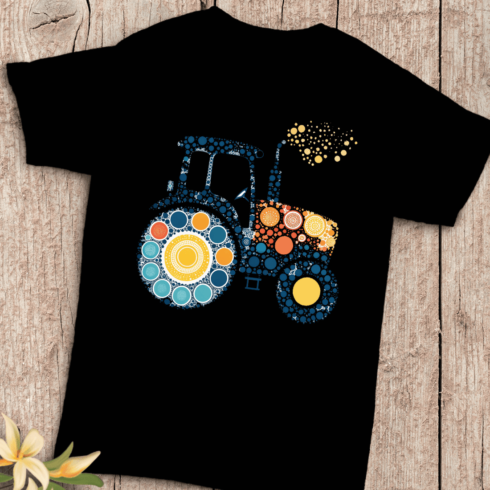 Modern Tractor Blue Red Yellow Dotted T-Shirt Design cover image.