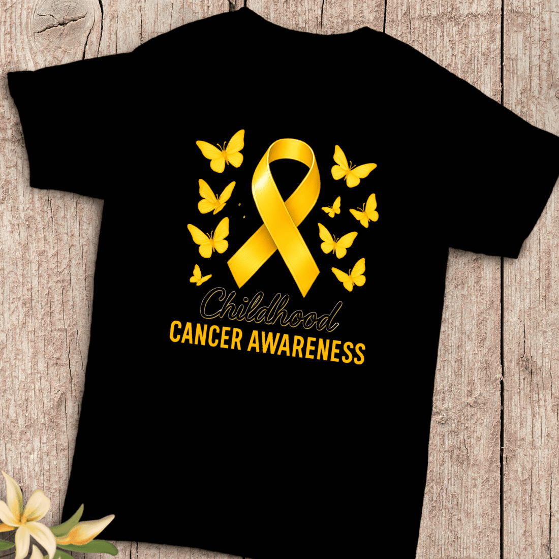 Gold Ribbon Butterflies Cancer Awareness T-Shirt Design cover image.