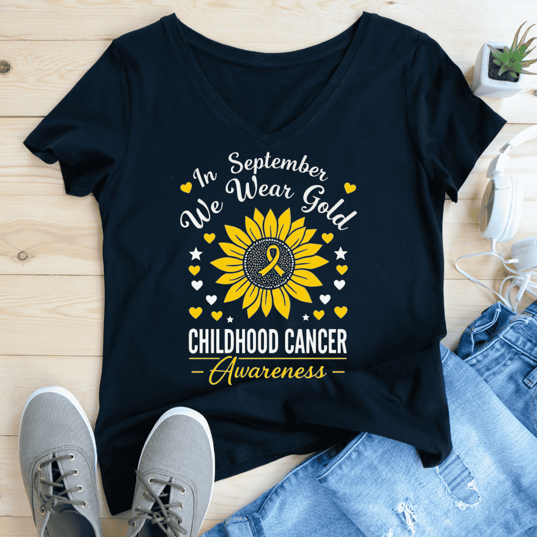 Sunflower Gold Ribbon Awareness T-Shirt Design preview image.