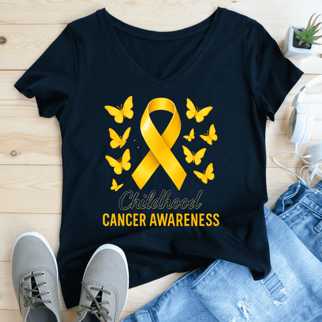 Gold Ribbon Butterflies Cancer Awareness T-Shirt Design preview image.