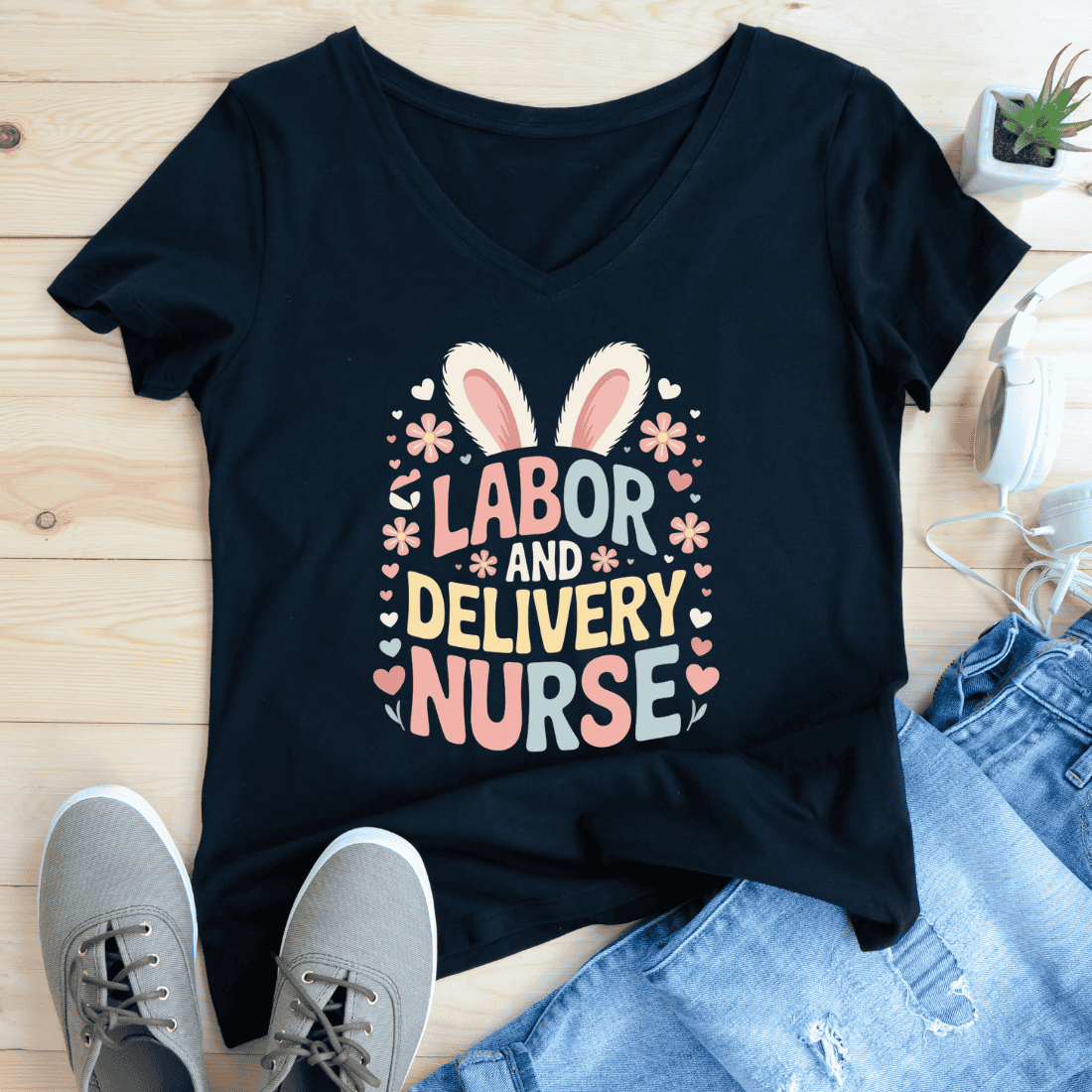 Cute Labor and Delivery Nurse Bunny Ears Floral T-Shirt Design preview image.