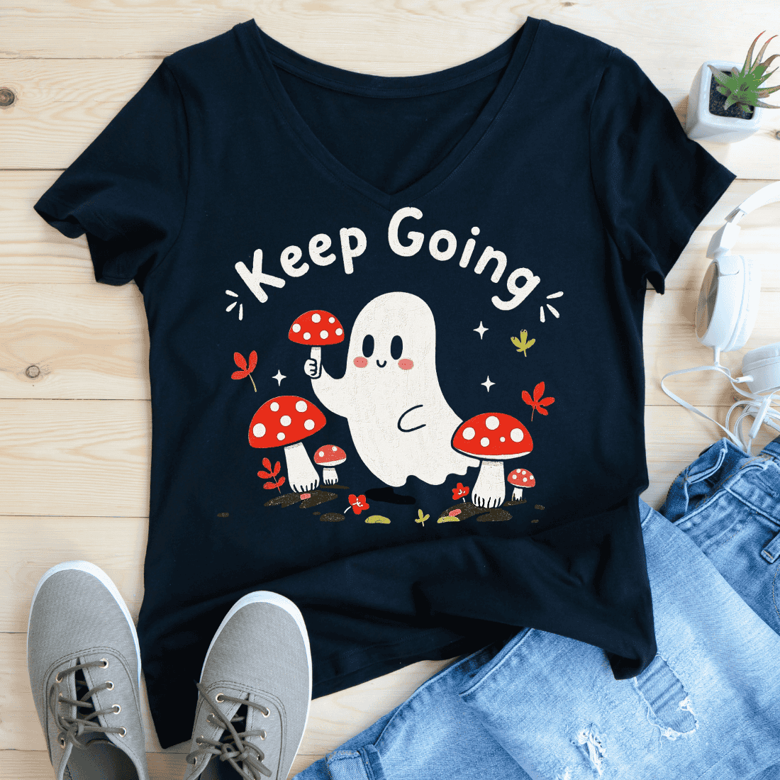 Cute Ghost Holding Mushroom T-Shirt Design preview image.