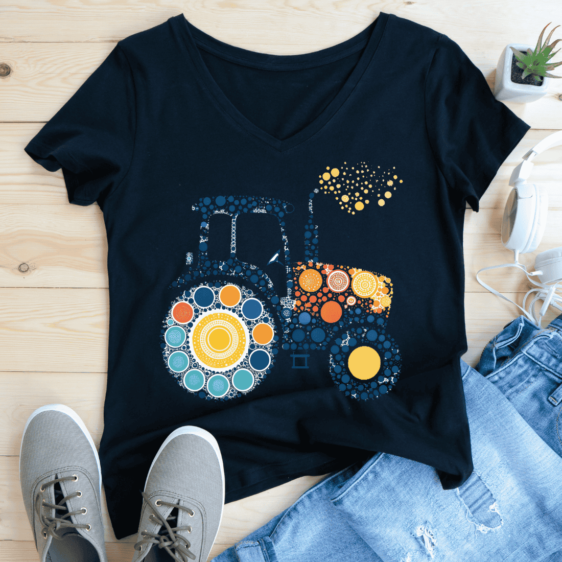 Modern Tractor Blue Red Yellow Dotted T-Shirt Design preview image.