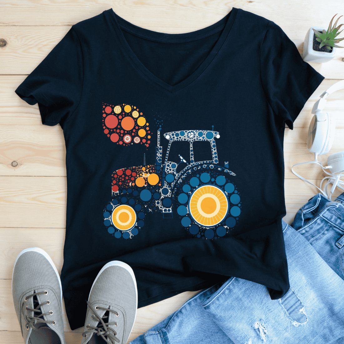 Abstract Dots Tractor Farm Vehicle T-Shirt Design preview image.