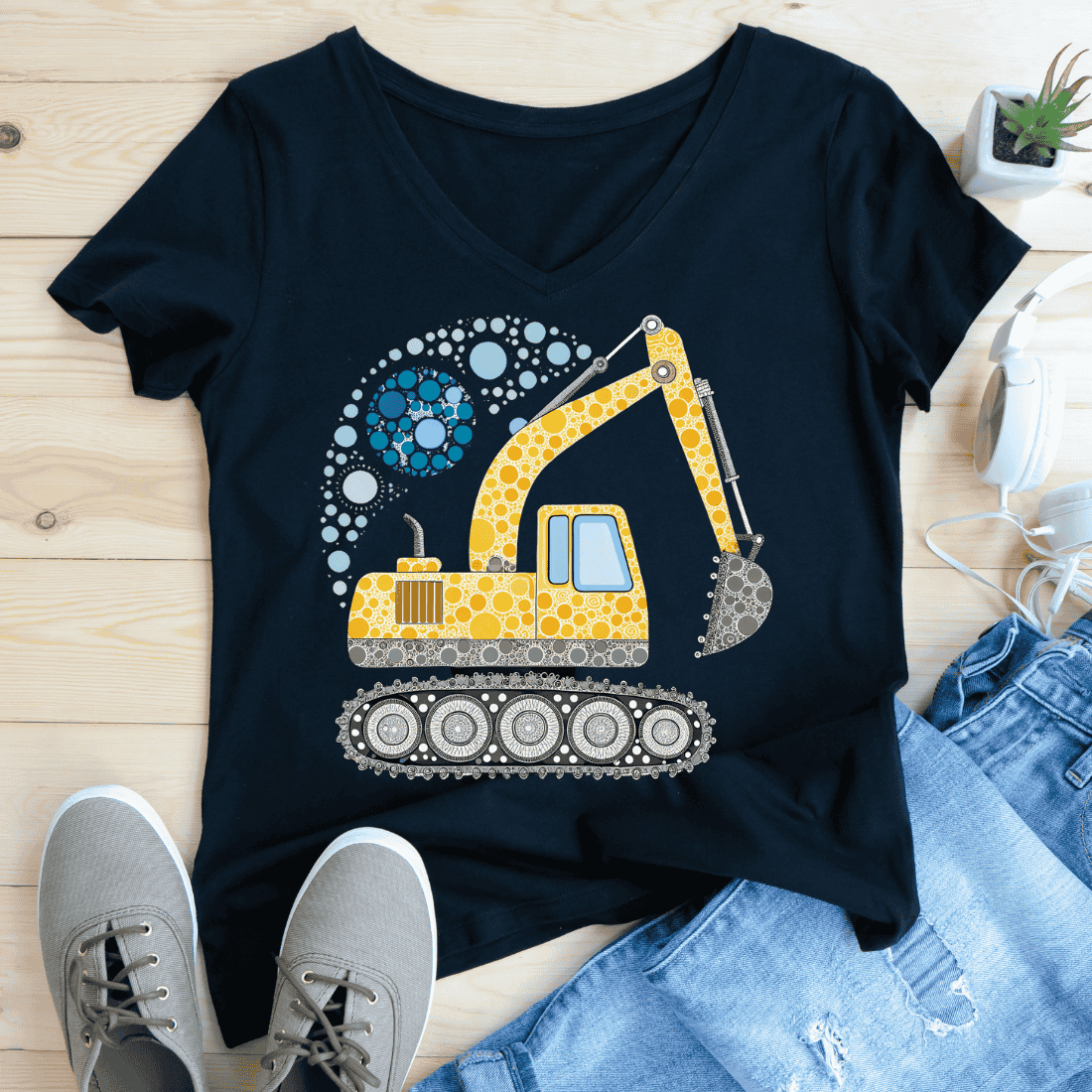 Blue Yellow Dots Excavator T-Shirt Design preview image.