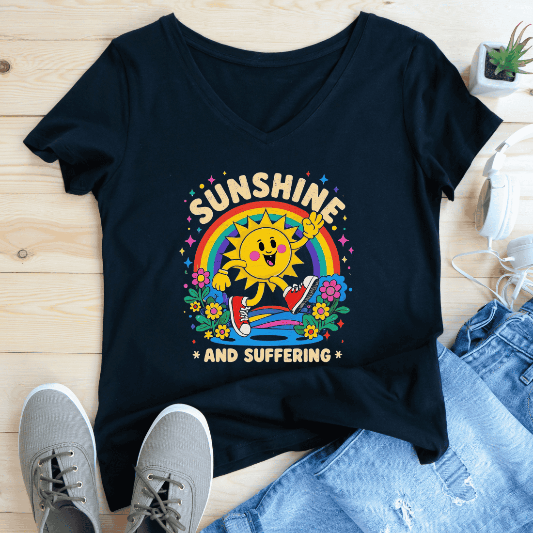 Sunshine and Suffering Typography with Retro T-Shirt Design preview image.