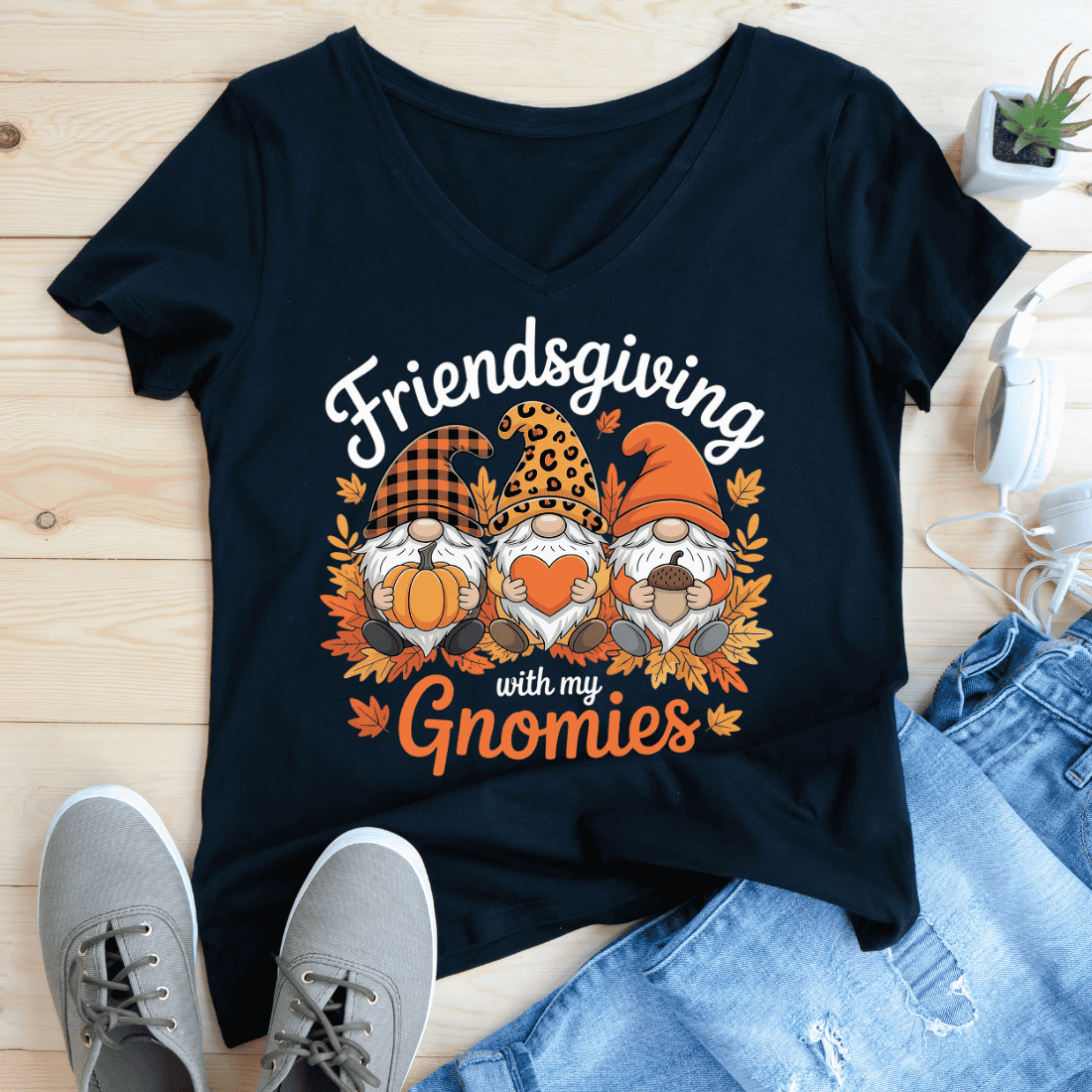 Cute Thanksgiving Gnomes T-Shirt Design preview image.