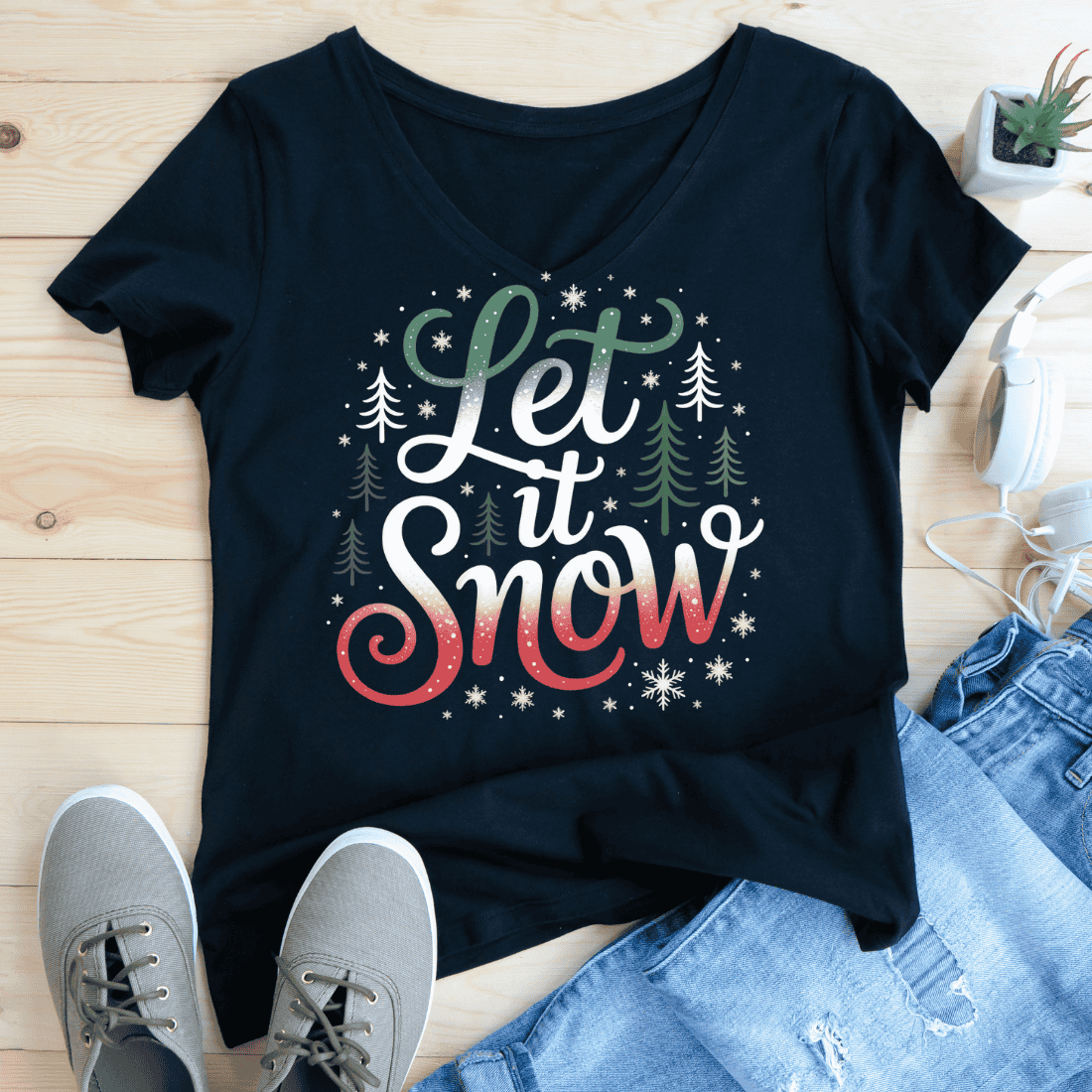 Holiday Season Let It Snow Text with Snowflakes T-Shirt Design preview image.