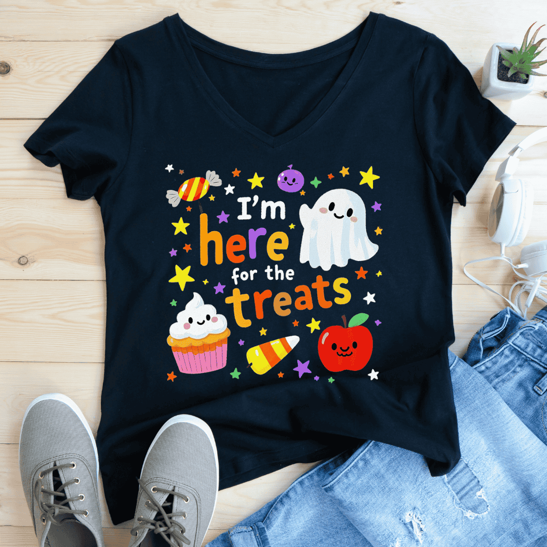 Spooky Cute Ghost Cat Candy T-Shirt Design preview image.