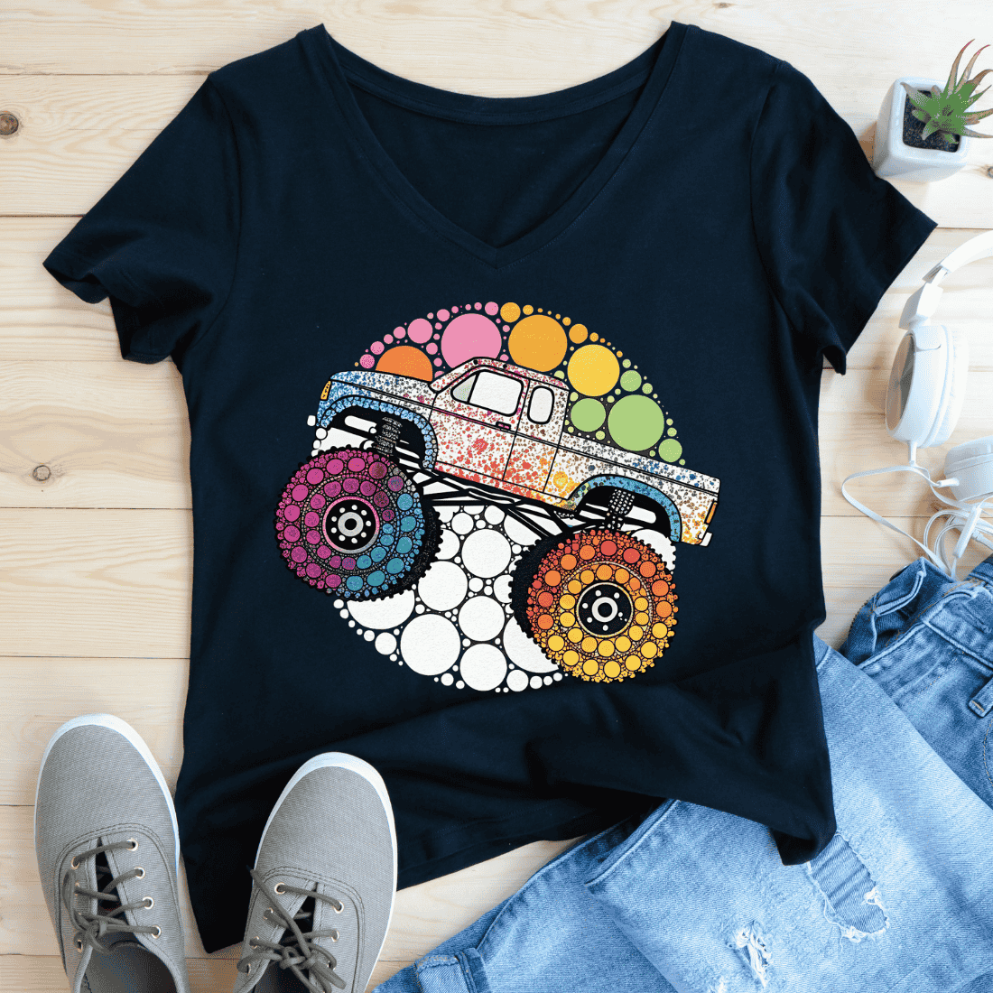 Rainbow Dotted Monster Truck T-Shirt Design preview image.