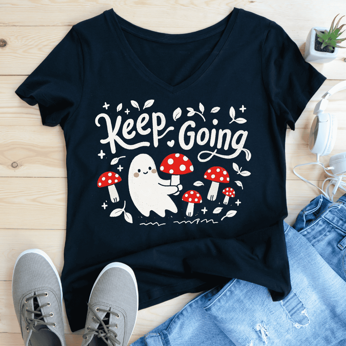 Keep Going Cute Ghost and Mushroom T-Shirt Design preview image.