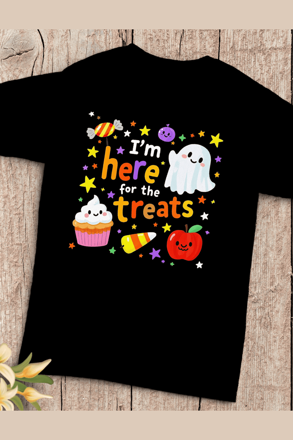 Spooky Cute Ghost Cat Candy T-Shirt Design pinterest preview image.
