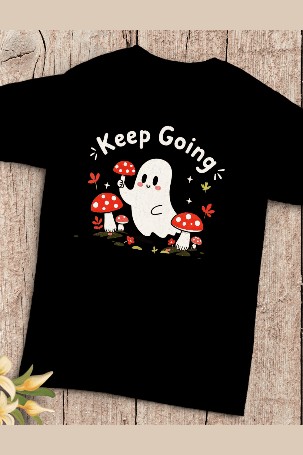Cute Ghost Holding Mushroom T-Shirt Design pinterest preview image.