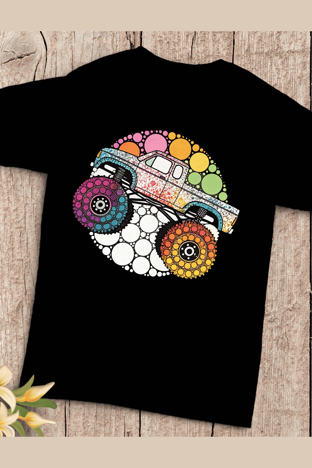 Rainbow Dotted Monster Truck T-Shirt Design pinterest preview image.