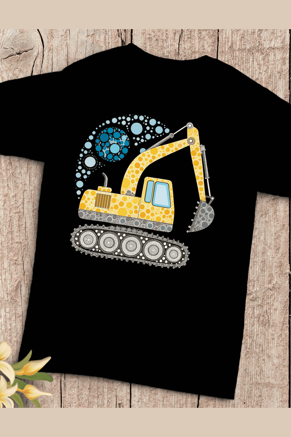 Blue Yellow Dots Excavator T-Shirt Design pinterest preview image.