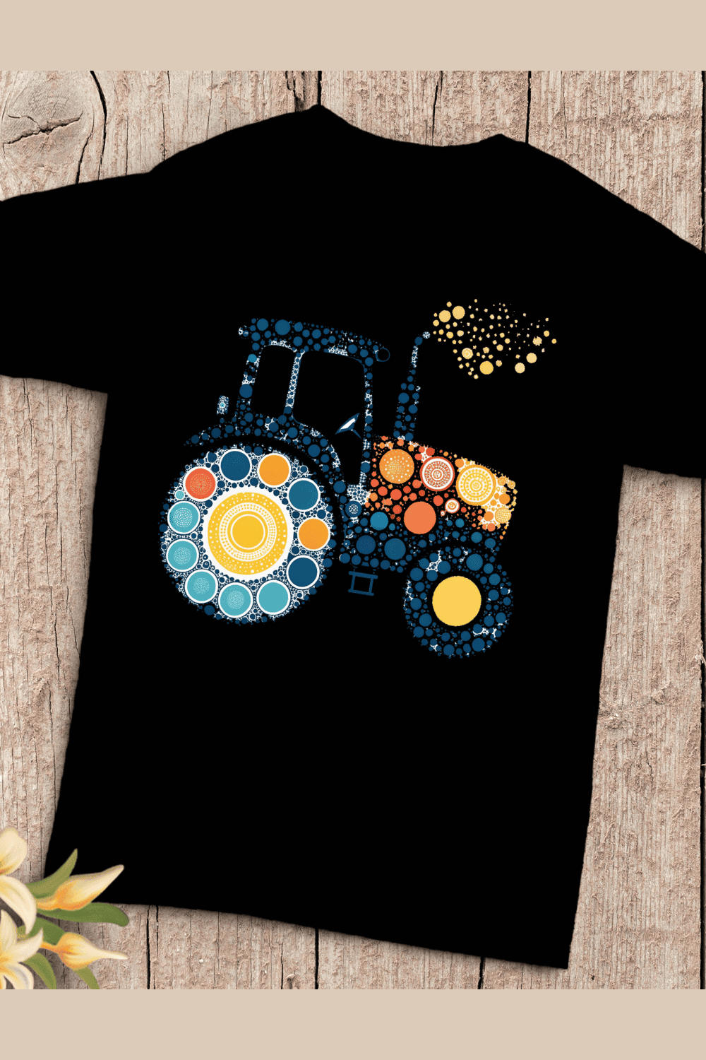 Modern Tractor Blue Red Yellow Dotted T-Shirt Design pinterest preview image.