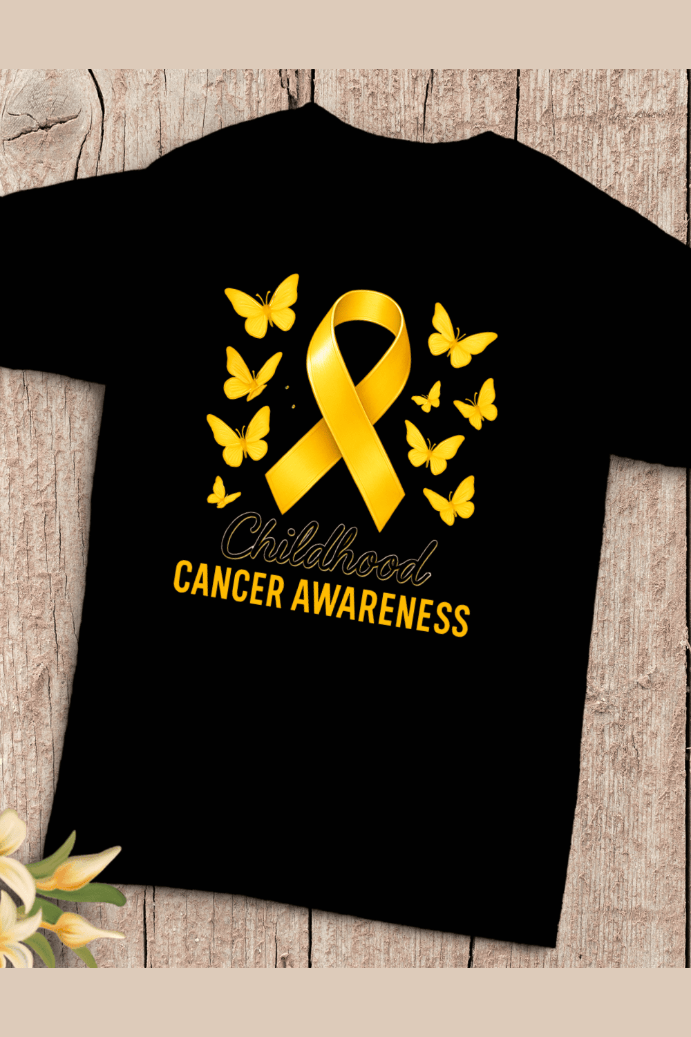 Gold Ribbon Butterflies Cancer Awareness T-Shirt Design pinterest preview image.