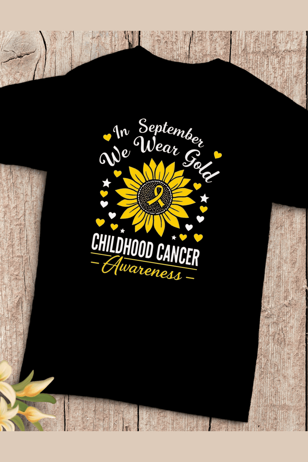 Sunflower Gold Ribbon Awareness T-Shirt Design pinterest preview image.