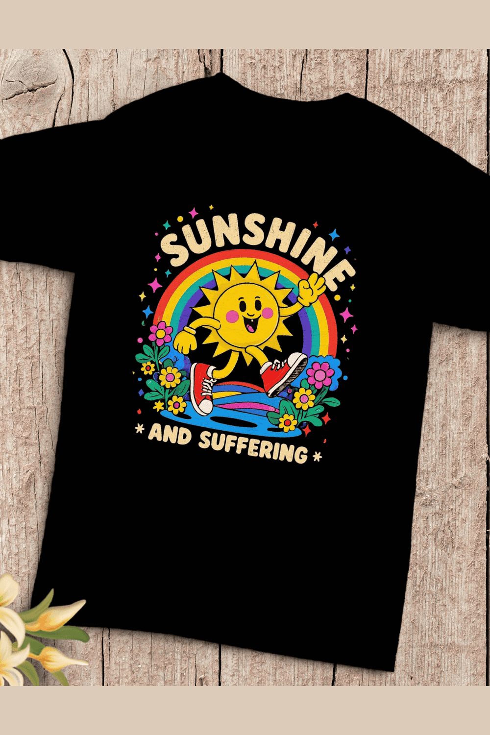 Sunshine and Suffering Typography with Retro T-Shirt Design pinterest preview image.
