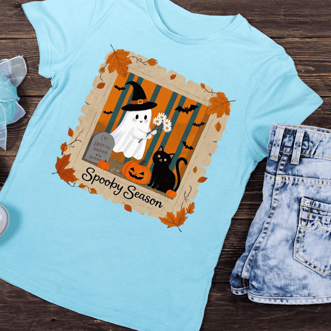 Cute Spoopy Season Ghost and Black Cat T-Shirt Design preview image.
