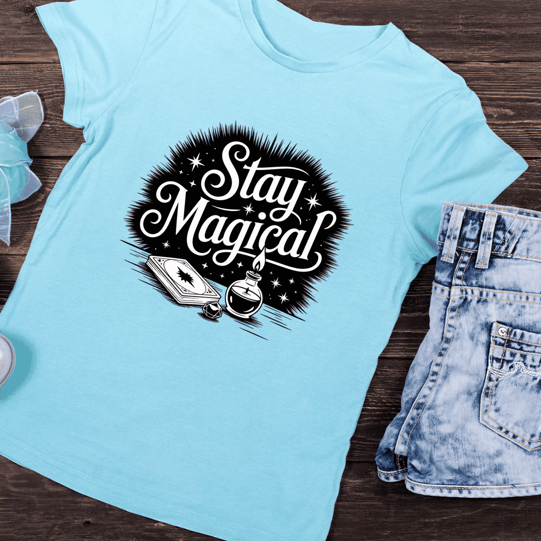 Black and White Stay Magical Fantasy T-Shirt Design preview image.