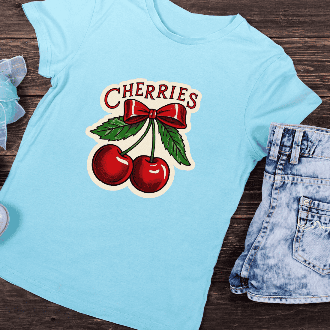 Vintage Cherries with Red Bow and Leaves T-Shirt Design preview image.