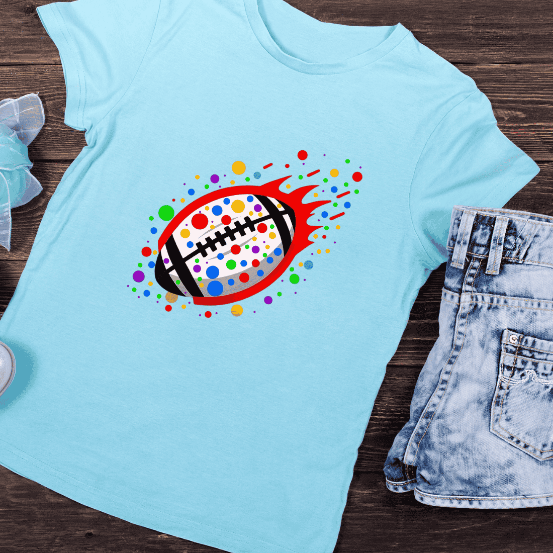Dynamic Football with Colorful Dots T-Shirt Design preview image.
