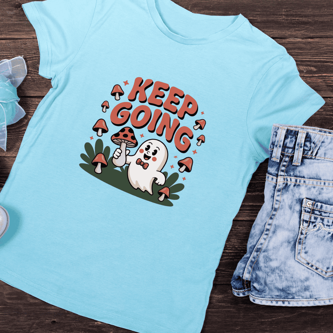 Keep Going Retro Ghost Mushroom PNG T-Shirt Design preview image.
