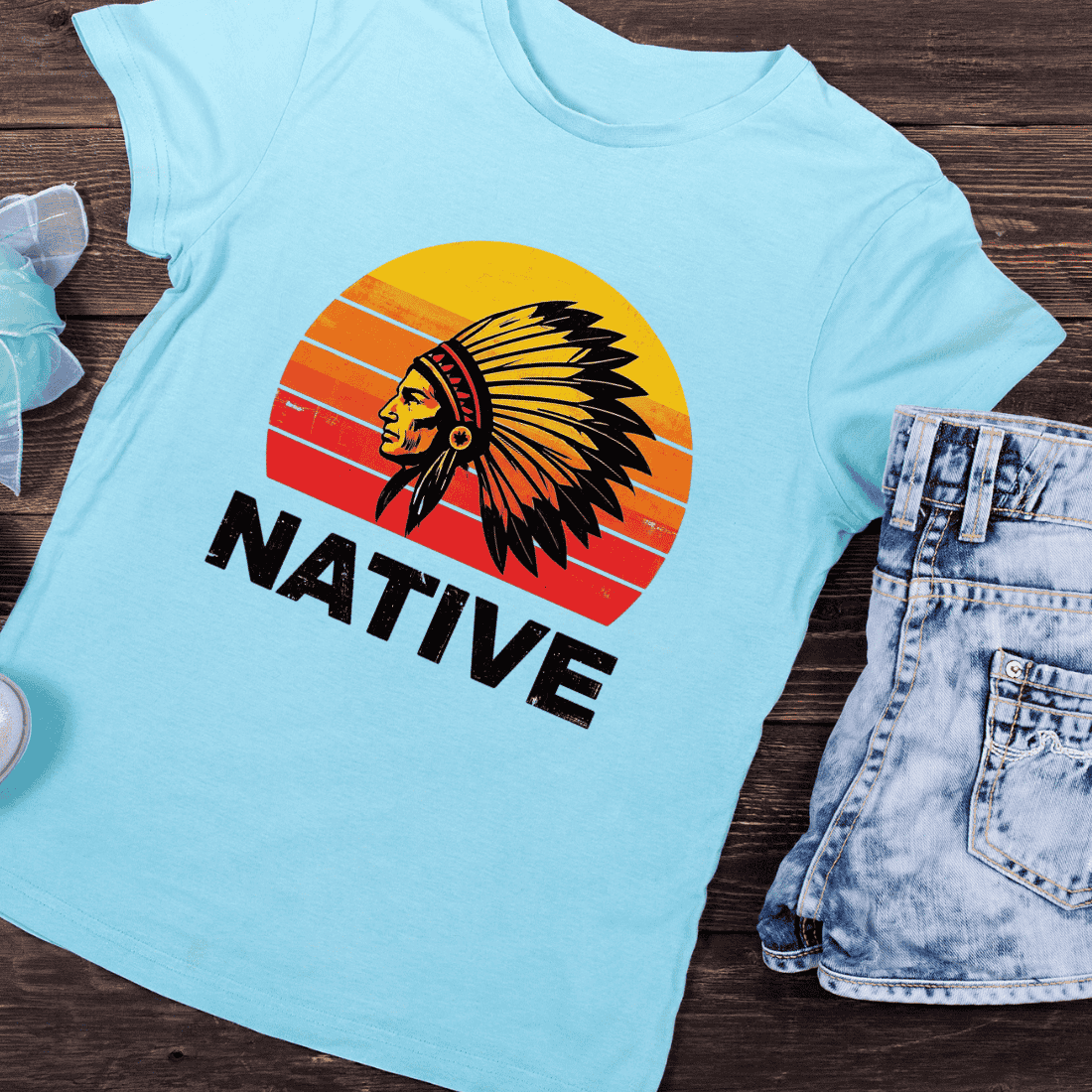 Native American Chief Sunset T-Shirt Design preview image.