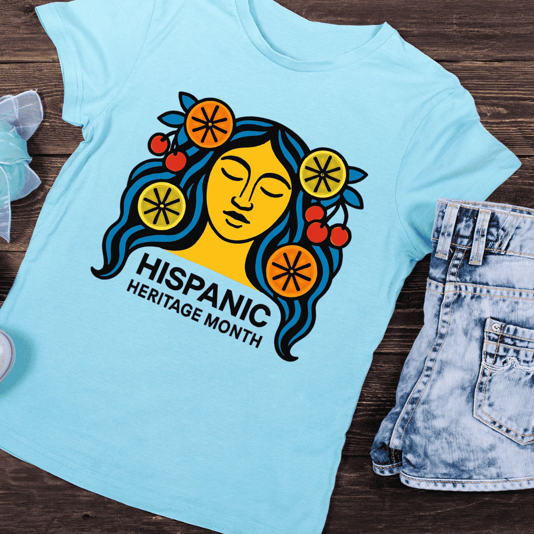 Hispanic Heritage Month Woman with Fruit T-Shirt Design preview image.