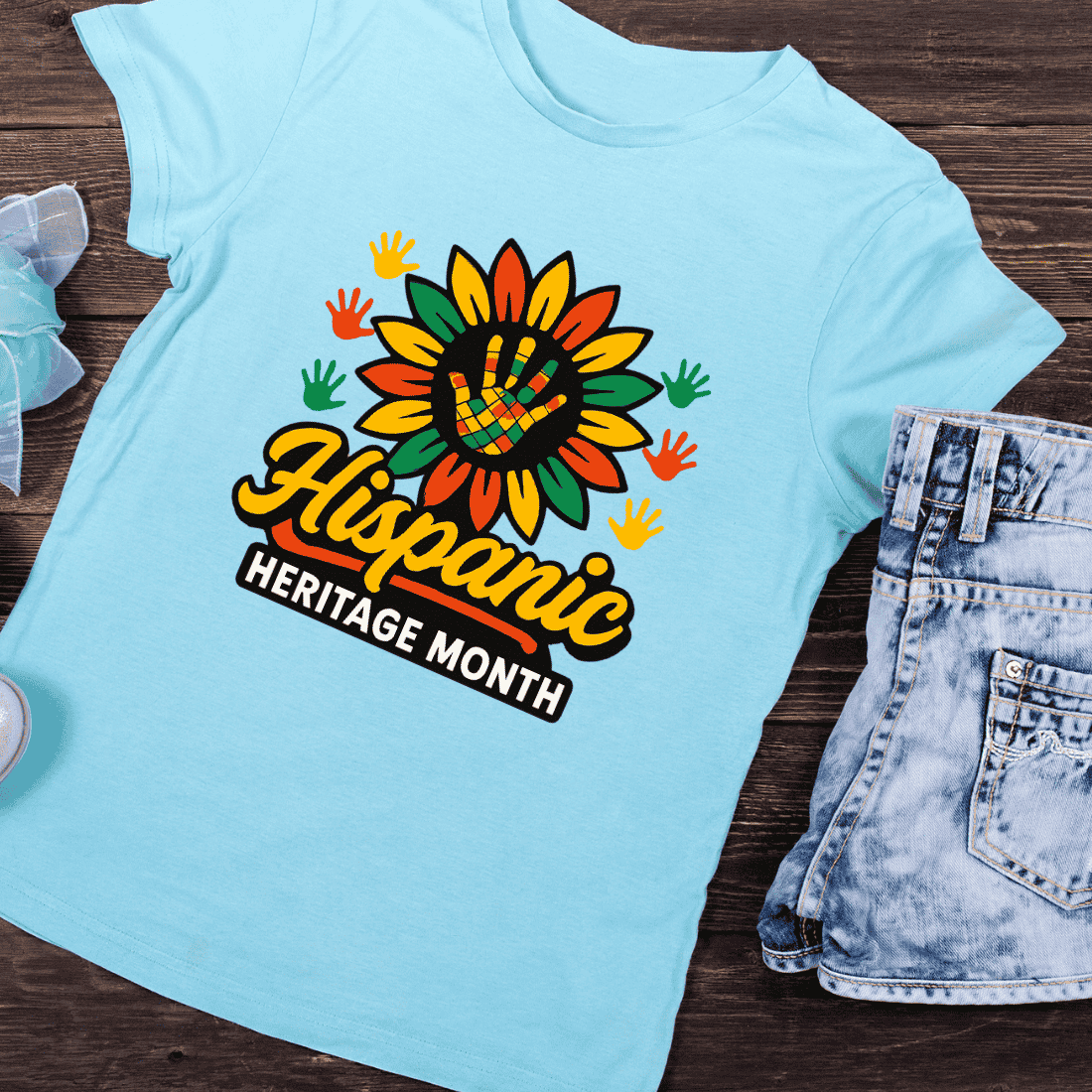 Sunflower Handprint Hispanic Heritage T-Shirt Design preview image.