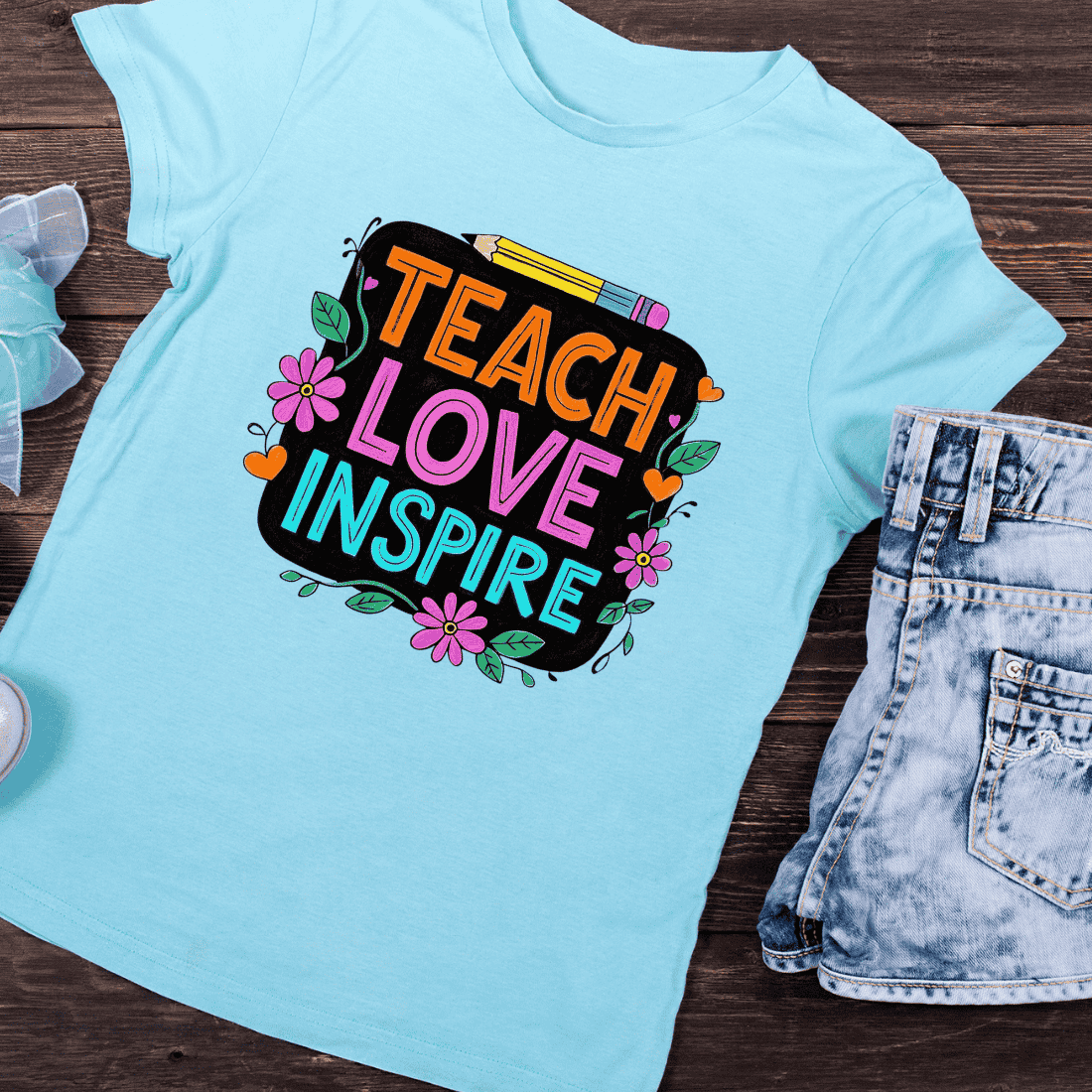 Teach Love Inspire Teacher Appreciation T-Shirt Design preview image.