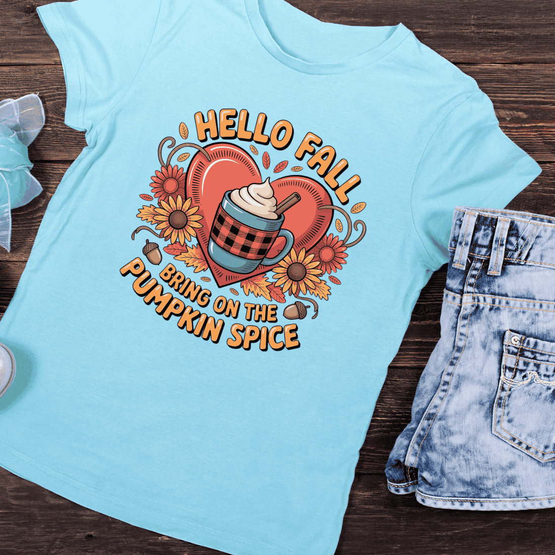 Hello Fall Pumpkin Spice Latte T-Shirt Design preview image.