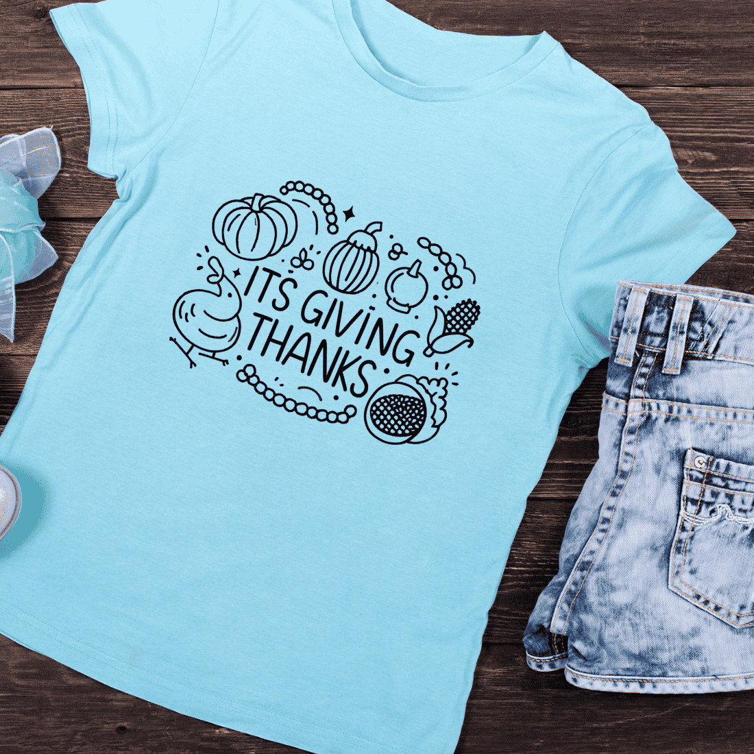 Fall Pumpkin and Leaves It's Giving Thanks Typography T-Shirt Design preview image.