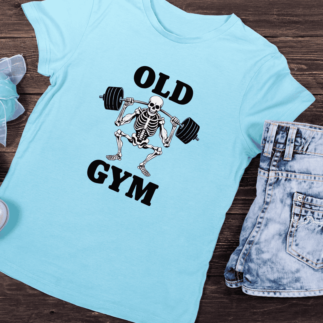 Vintage Fitness Skeleton Barbell T-Shirt Design preview image.