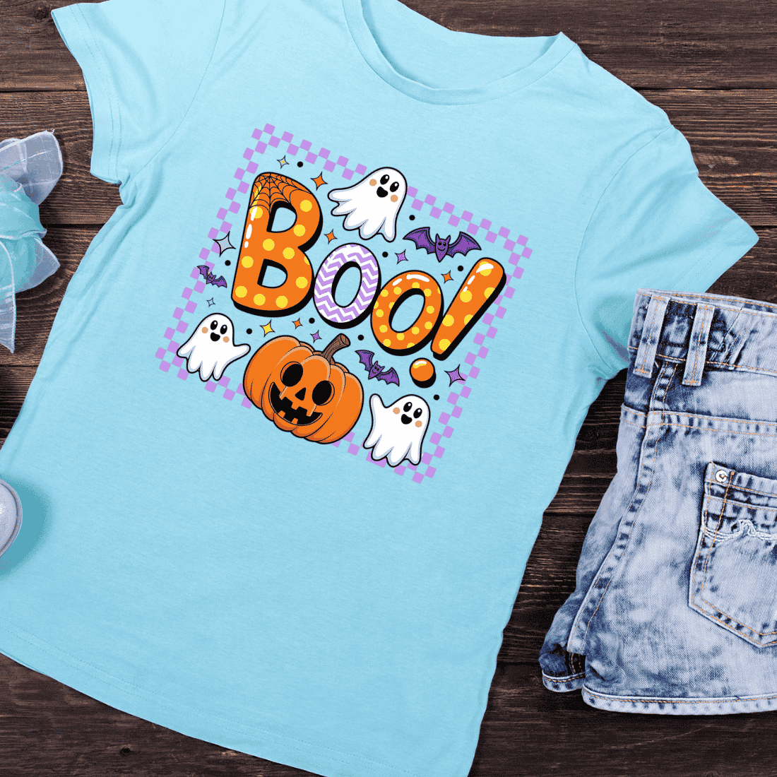 Boo Text with Ghosts, Spider Webs, and Bats T-Shirt Design preview image.