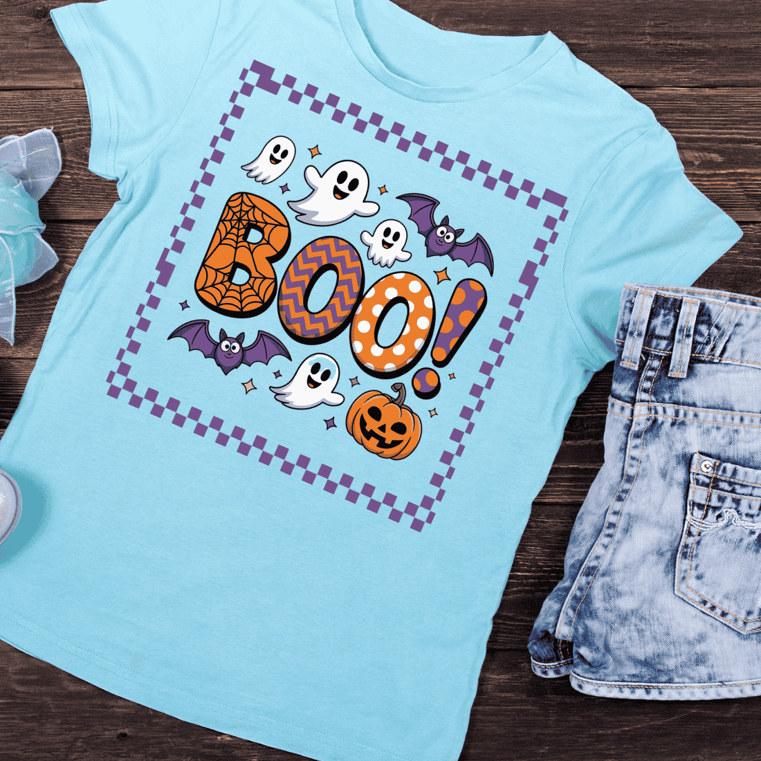 Boo! with Ghosts Bats and Jack-o’-Lantern T-Shirt Design preview image.