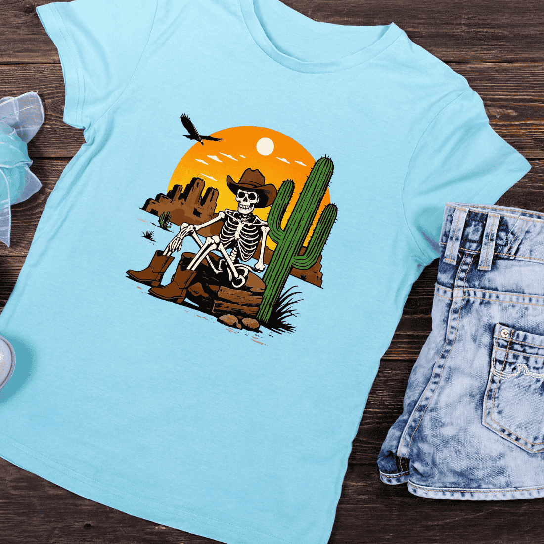 Cowboy Skeleton Desert Scene PNG T-Shirt Design preview image.