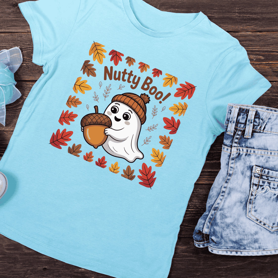 Ghost Acorn Fall Leaves T-Shirt Design preview image.