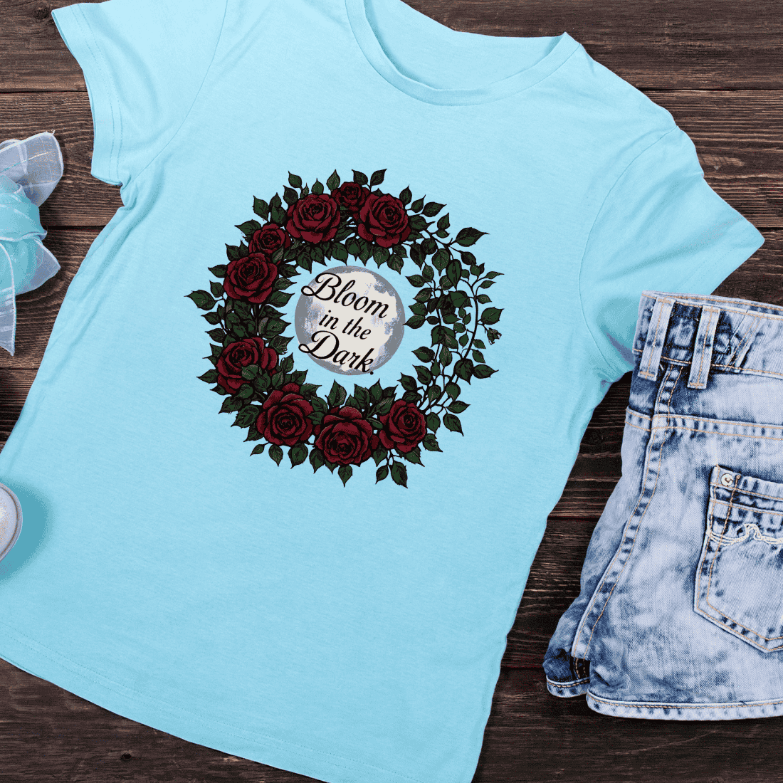 Bloom in the Dark Moon and Roses Gothic Floral T-Shirt Design preview image.
