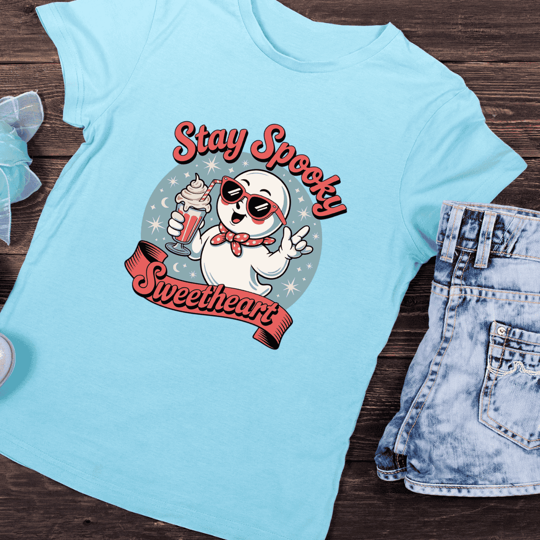 Cute Ghost with Milkshake PNG T-Shirt Design preview image.