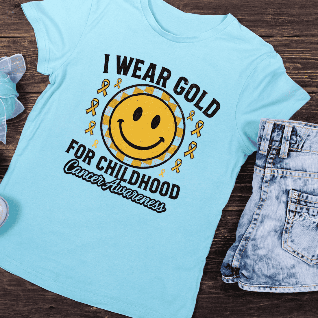 I Wear Gold for Childhood Cancer Awareness T-Shirt Design preview image.