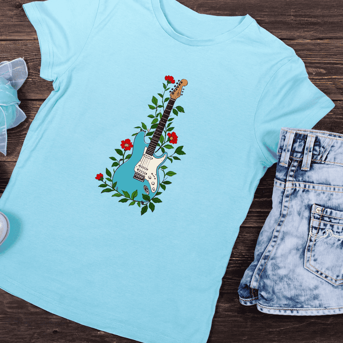 Blue Guitar with Red Flowers T-Shirt Design preview image.