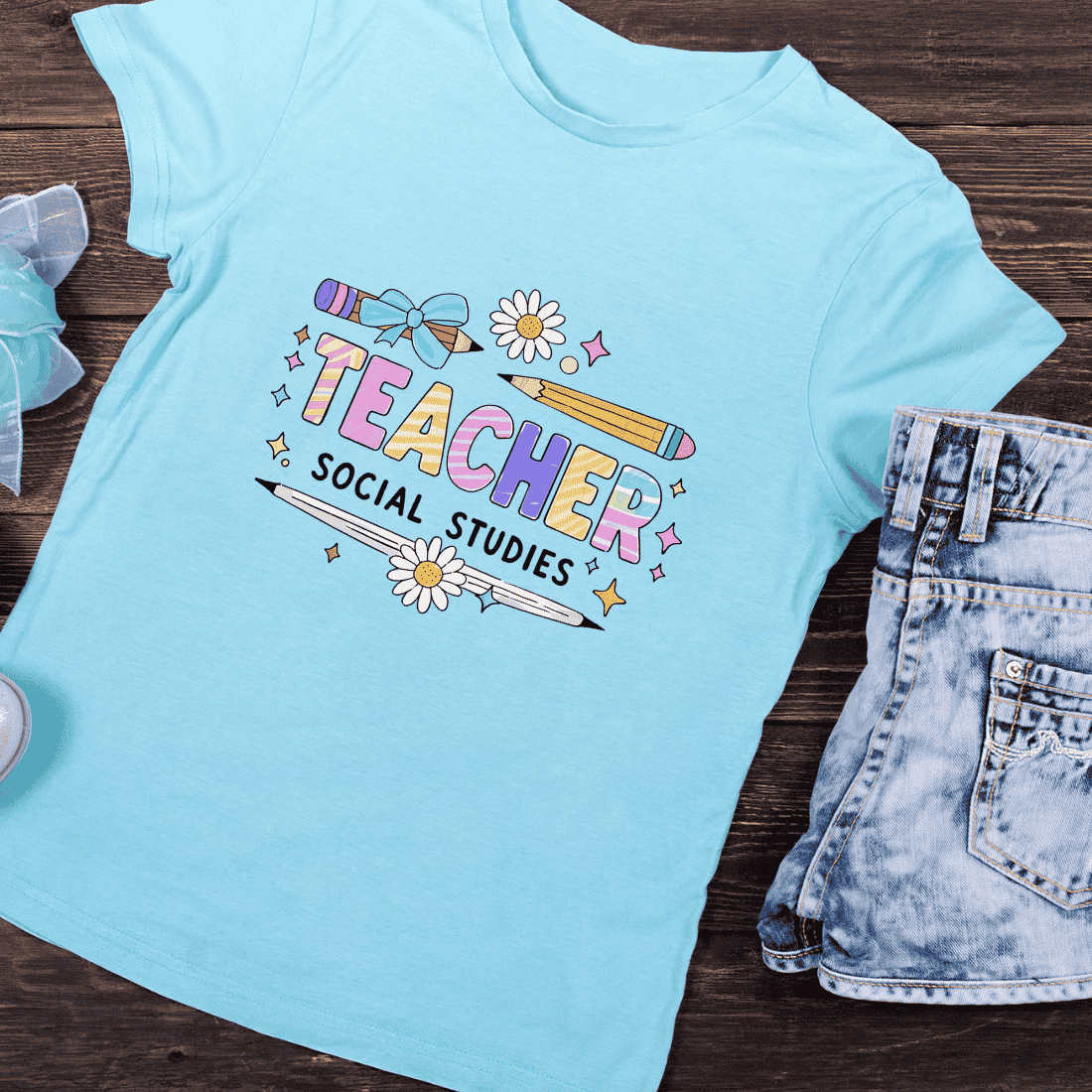 Colorful Teacher Typography with Flower T-Shirt Design preview image.