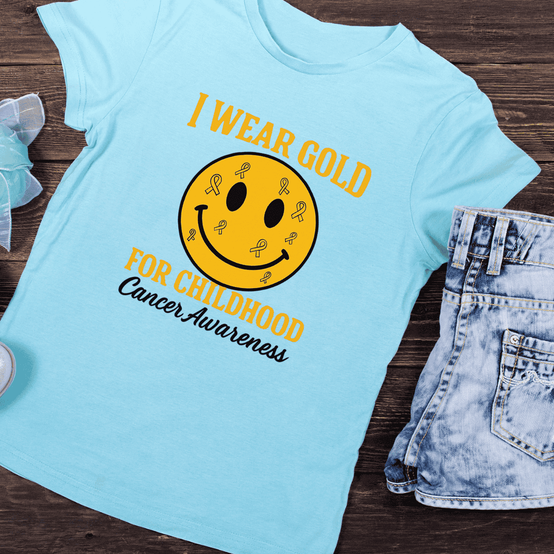 Gold Ribbon for Childhood Cancer Awareness T-Shirt Design preview image.